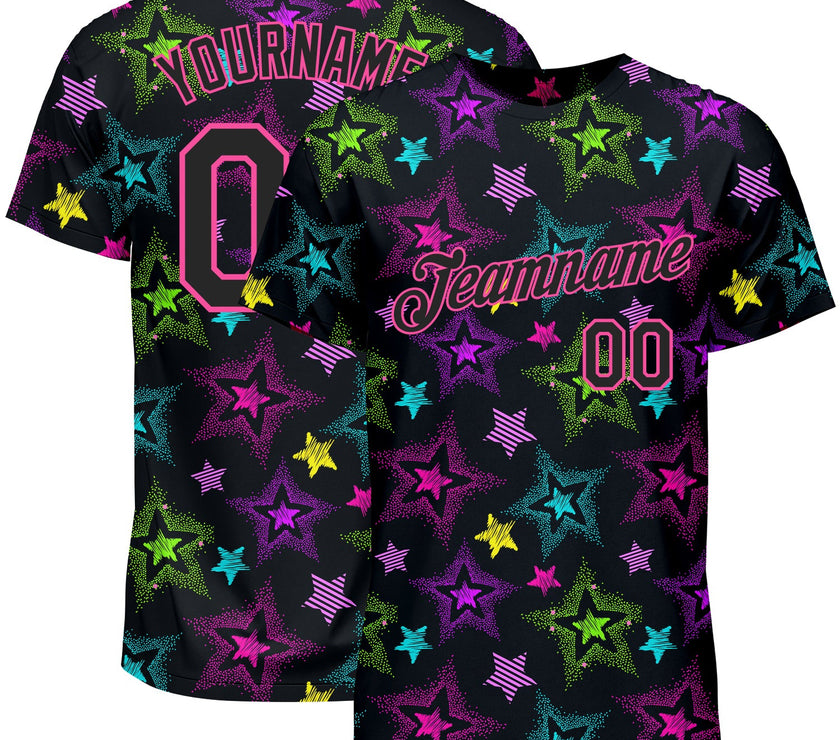 Custom Graffiti Pattern Black-Pink 3D Creative Colorful Stars Performance T-Shirt