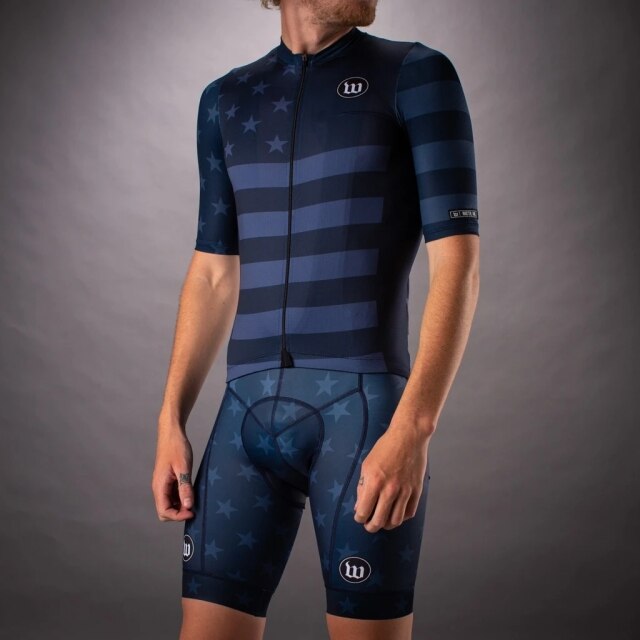 Wattie Ink Team Cycling Jersey Suit Black Blue stripes