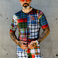 Two-Piece Cycling Jersey Set with Color Patchwork Check